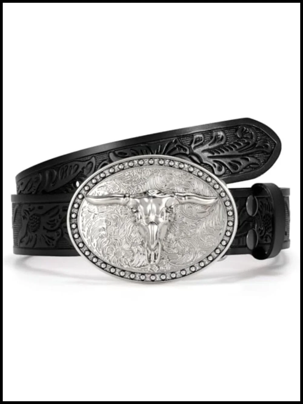 Western Belt for Men Women, Embossed Leather with Bull Buckle
